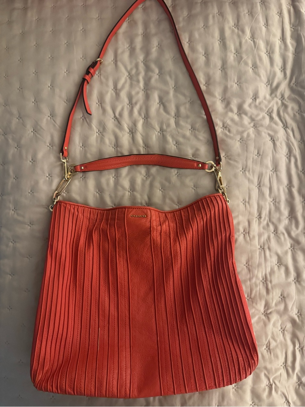 Coach leather pleated pintuck hobo purse coral orange crossbody purse F17373